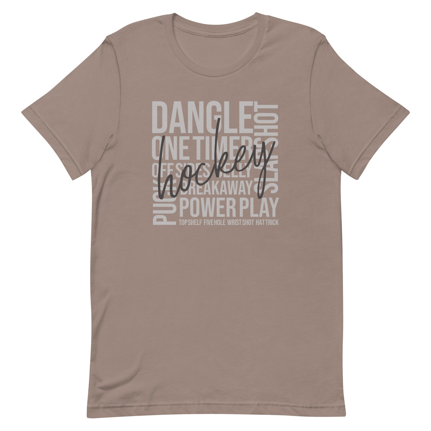 Pebble hockey word art t-shirt with script “Hockey” design