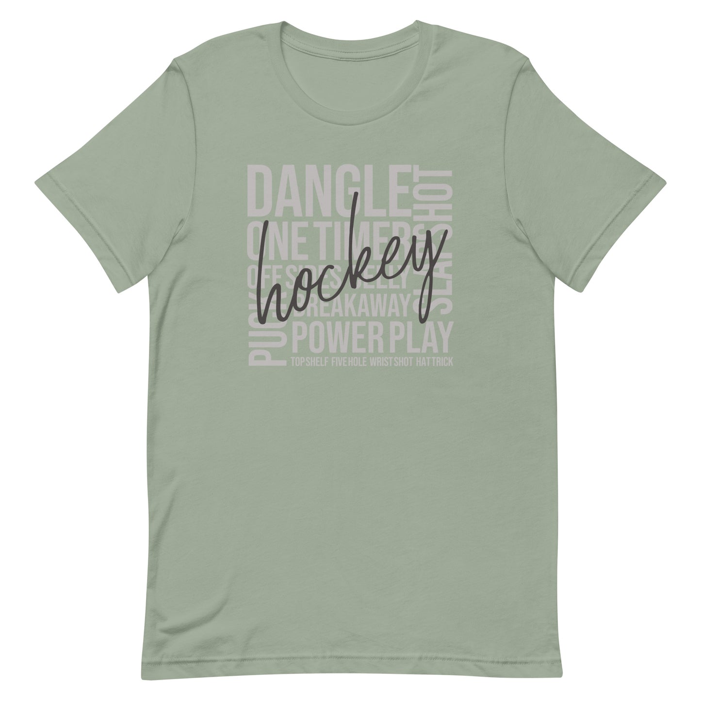 Sage hockey word art t-shirt with script “Hockey” design