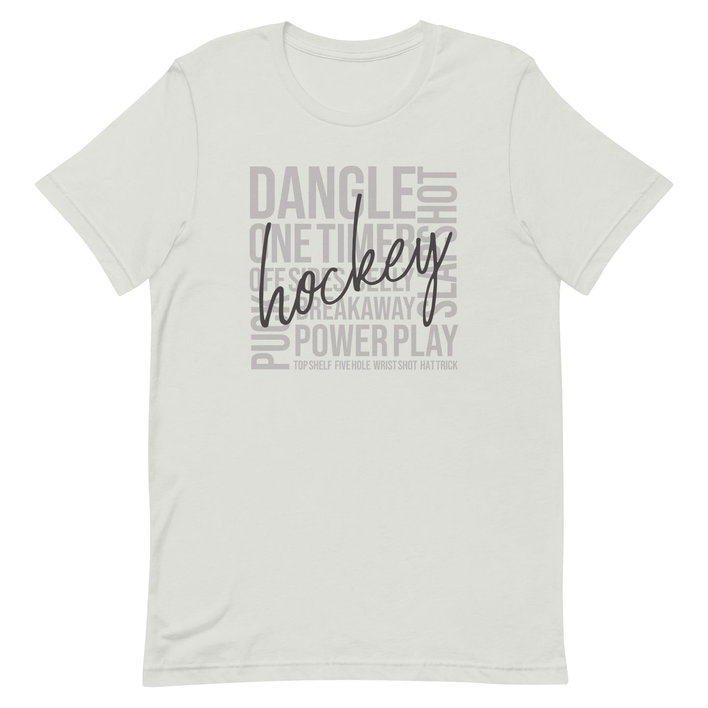 Silver hockey word art t-shirt with “Hockey” in script over square pattern of hockey slang and everyday terms