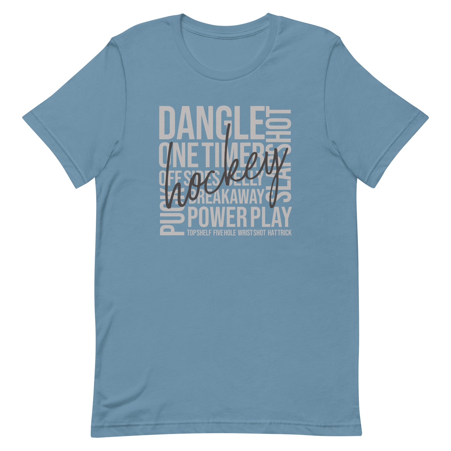 Steel blue hockey word art t-shirt with script “Hockey” design