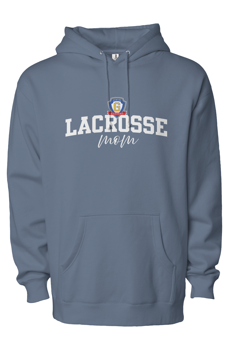 Blue hoodie with 'Lacrosse Mom' text and logo on a white background