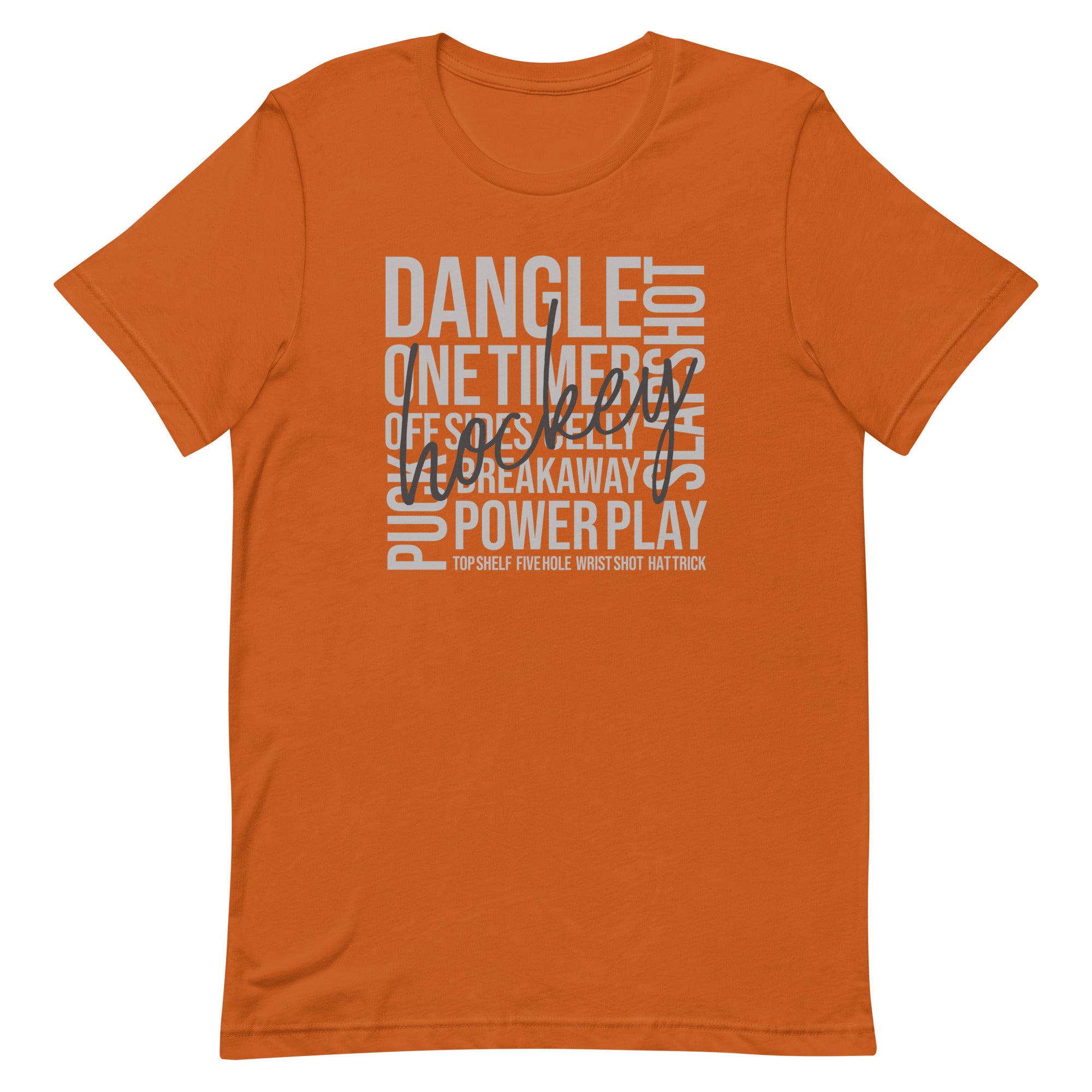 Autumn hockey word art t-shirt with script “Hockey” design