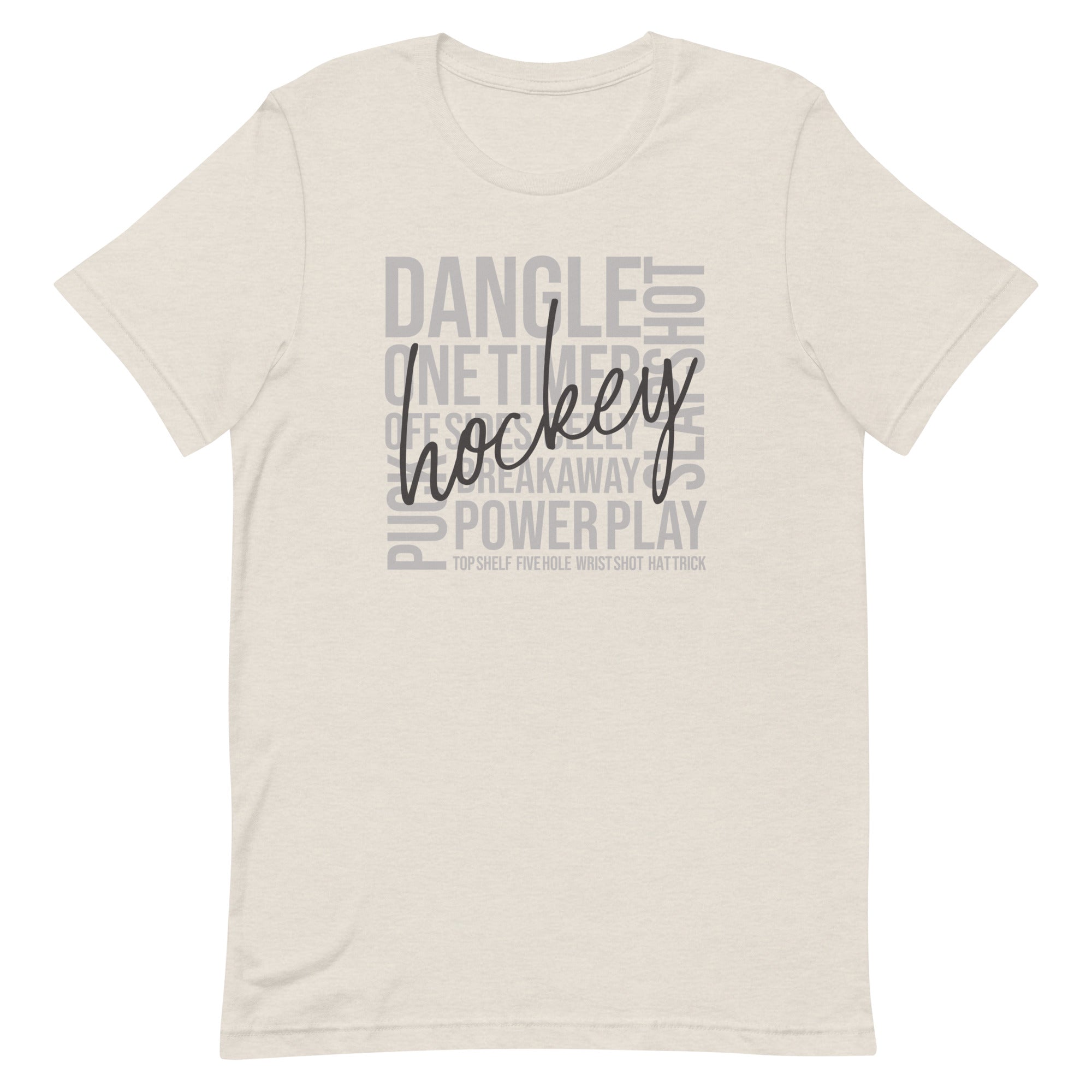 Heather dust hockey word art t-shirt with script “Hockey” design