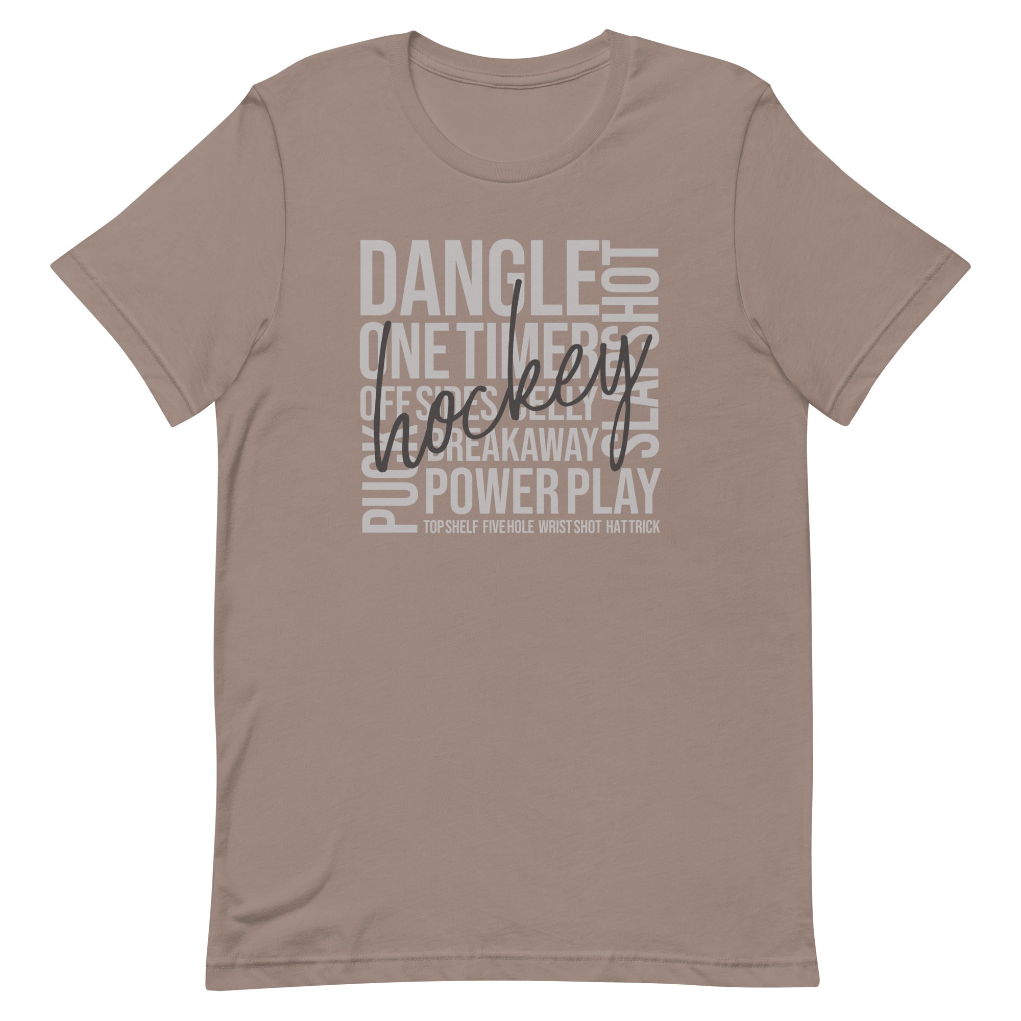Pebble hockey word art t-shirt with script “Hockey” design