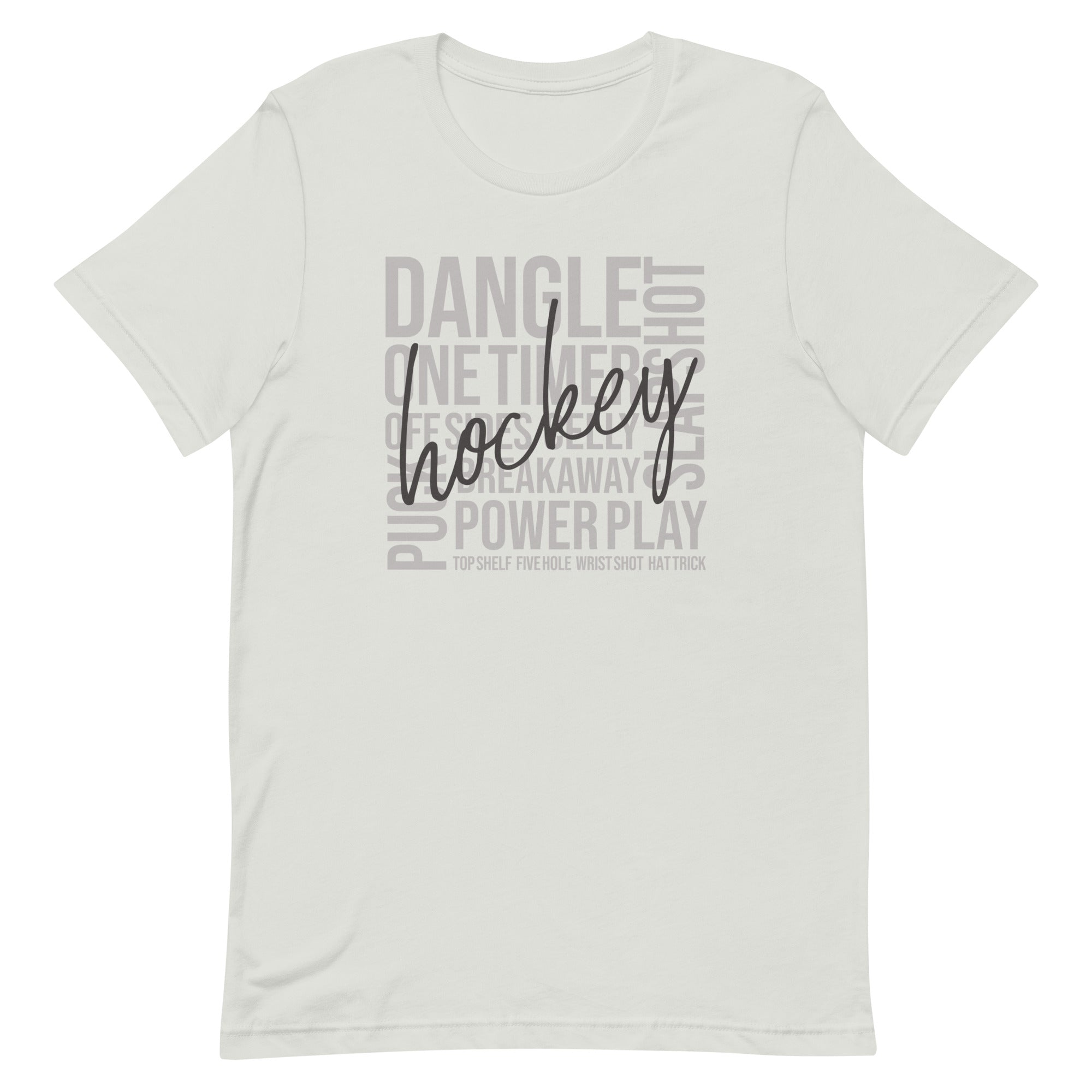 Silver hockey word art t-shirt with “Hockey” in script over square pattern of hockey slang and everyday terms