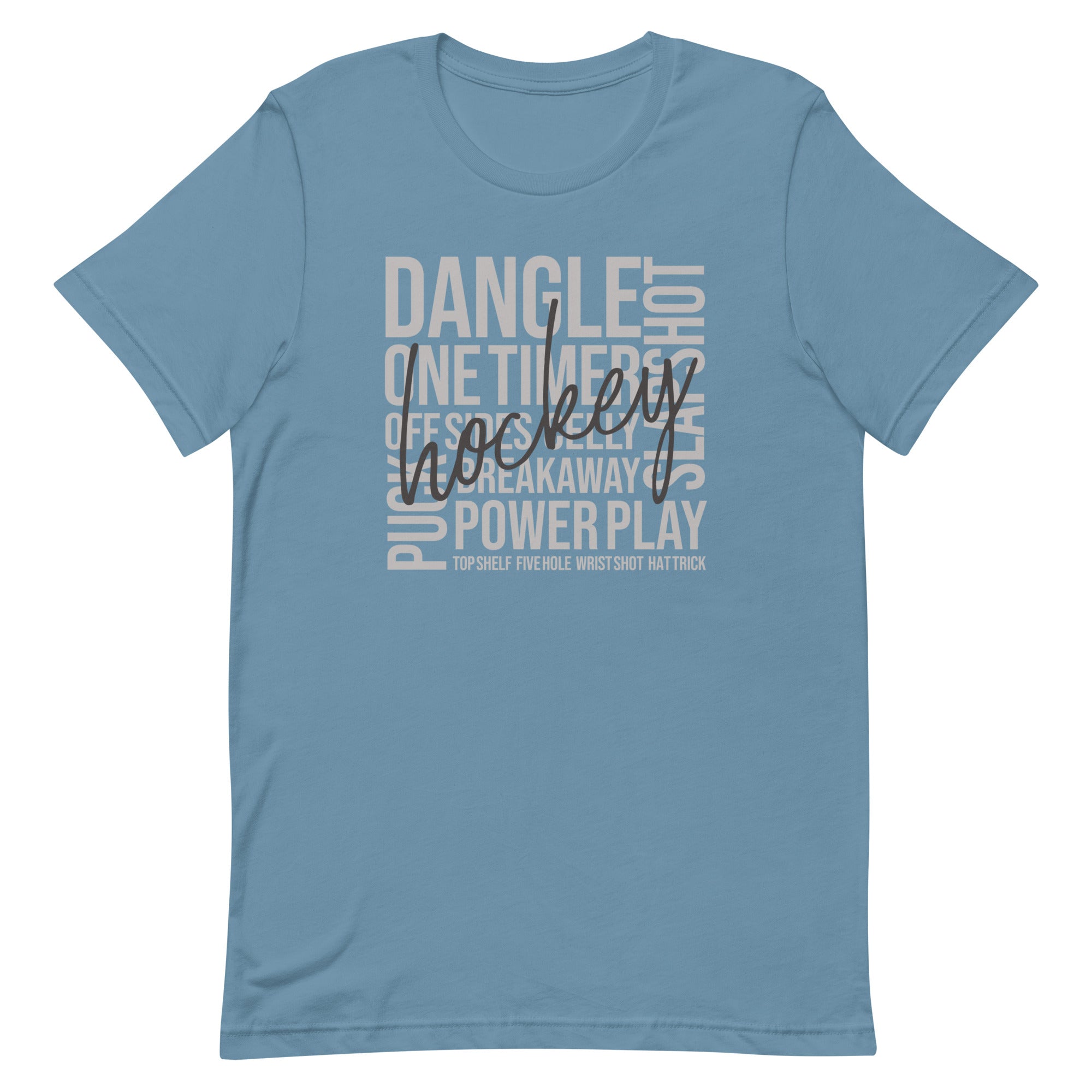 Steel blue hockey word art t-shirt with script “Hockey” design