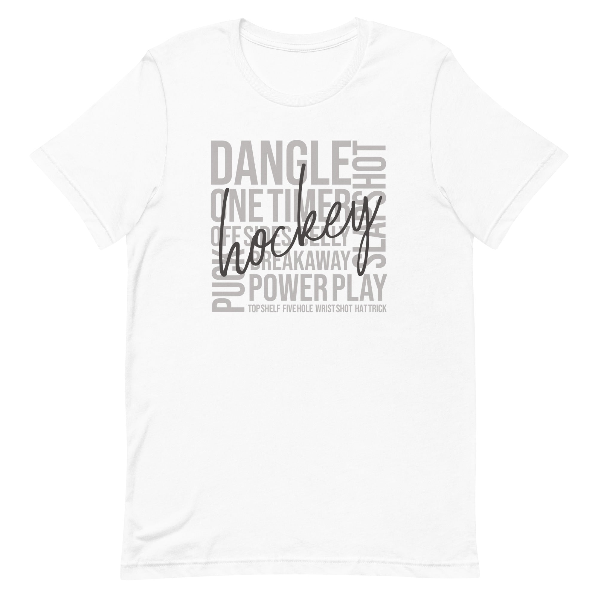 White hockey word art t-shirt with script “Hockey” design
