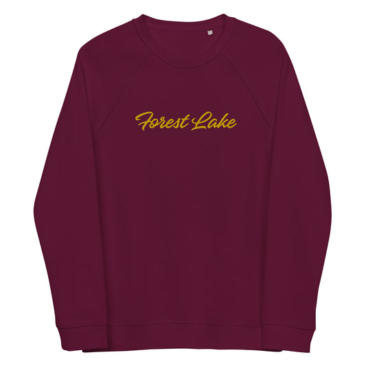 Forest Lake Script Embroidered Unisex Organic Raglan Sweatshirt